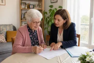 Elderly woman and social worker at a table in a sunlit French living room, working together on paperwork with a friendly, supportive atmosphere.
