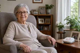 Senior woman with a teleassistance bracelet sitting comfortably in a bright living room, looking calm and secure