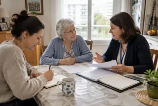 Une senior échange avec sa fille et une professionnelle pour organiser une aide à domicile dans son appartement.
