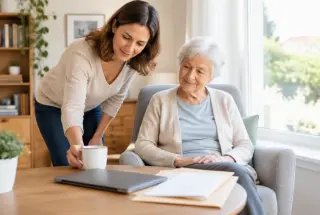 Une salariée accompagne un parent âgé à domicile, avec des documents administratifs évoquant les démarches du congé de proche aidant.
